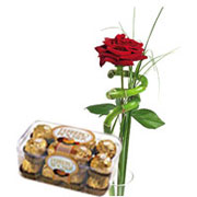 Single Red Rose with Chocolates.