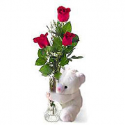 3 Red Roses in a glass vase & Small Bear